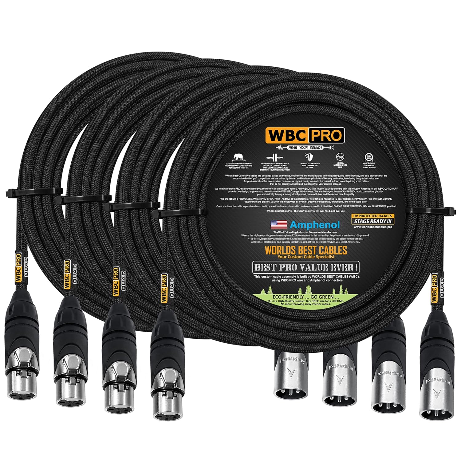4 Units - 200 Foot - WBC-PRO-Quad Ultra-Silent Ultra-Flexible Balanced Star-Quad Cable with Amphenol Male & Female XLR Plugs & Black Tweed Jacket