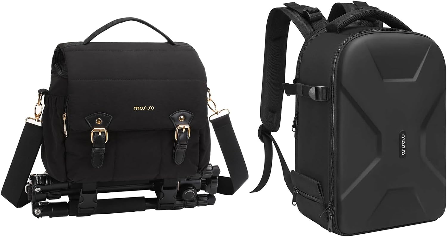 MOSISO Full Open Waterproof Hardshell Camera Backpack with Insert&Tripod Holder&Laptop Compartment, Puffy Padded Flap Crossbody Photography Handbag for Women with Tripod Holder&Rain Cover, Black