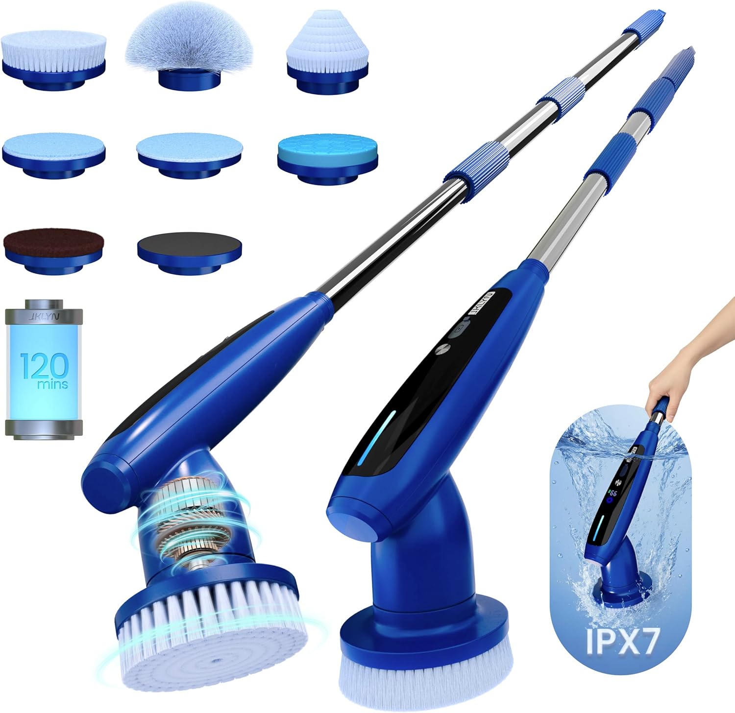 8-in-1 Electric Spin Scrubber, Fully Waterproof Cordless Power Cleaning Brush with LED Display, 2 Speed Settings, Extension Handle for Bathroom, Tubs, Shower, Kitchen, Tile, Sinks, Car, Floor