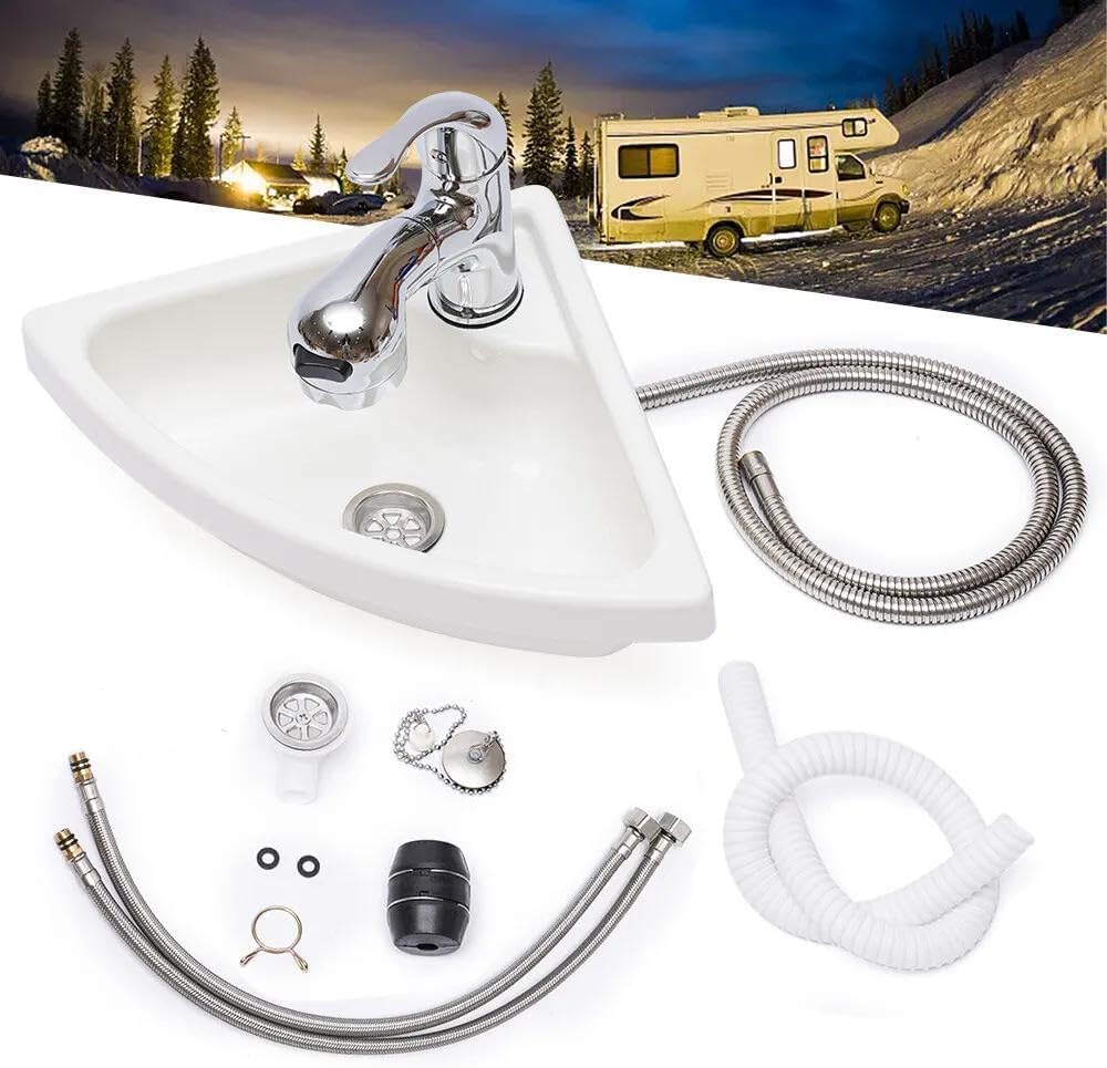 Wall Mount Corner Bathroom Sink, Boat Caravan RV Camper Corner Sink with Faucet, Single Bowl Sink for Boat Caravan Rv Camper Kitchen Bathroom, White