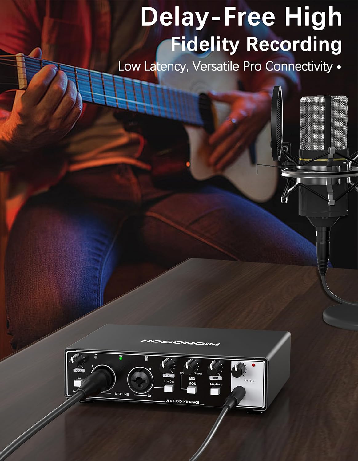 HOSONGIN USB Audio Interface for Beginners - 24Bit/192kHz, 48V Phantom Power, Plug & Play Recording for Podcast/Vocals/Guitar/Youtube, PC/Mac/iOS Compatible (Black Metal)