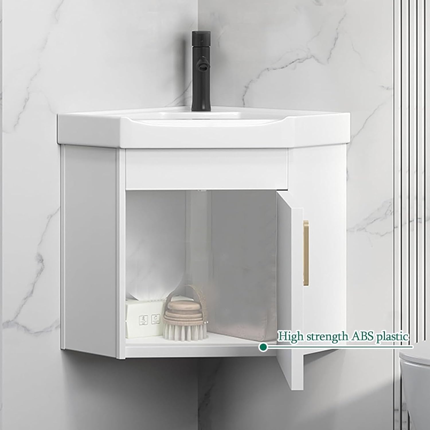 Corner Bathroom Vanity Triangle Ceramic Wall Mount Sink with Storage Space Wall Mount Corner Sink with Mirror, Faucet, Accessories, for Small Space(17in/43cm)