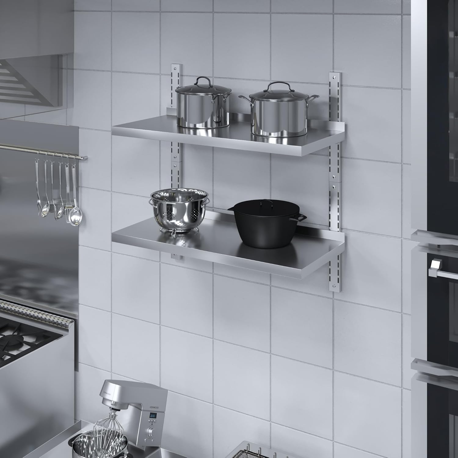 AmGood 16 in. x 36 in. Two-Tier Stainless Steel Wall Mount Shelf | Heavy-Duty Metal Shelving for Kitchen, Garage, Pantry, Closet, and More