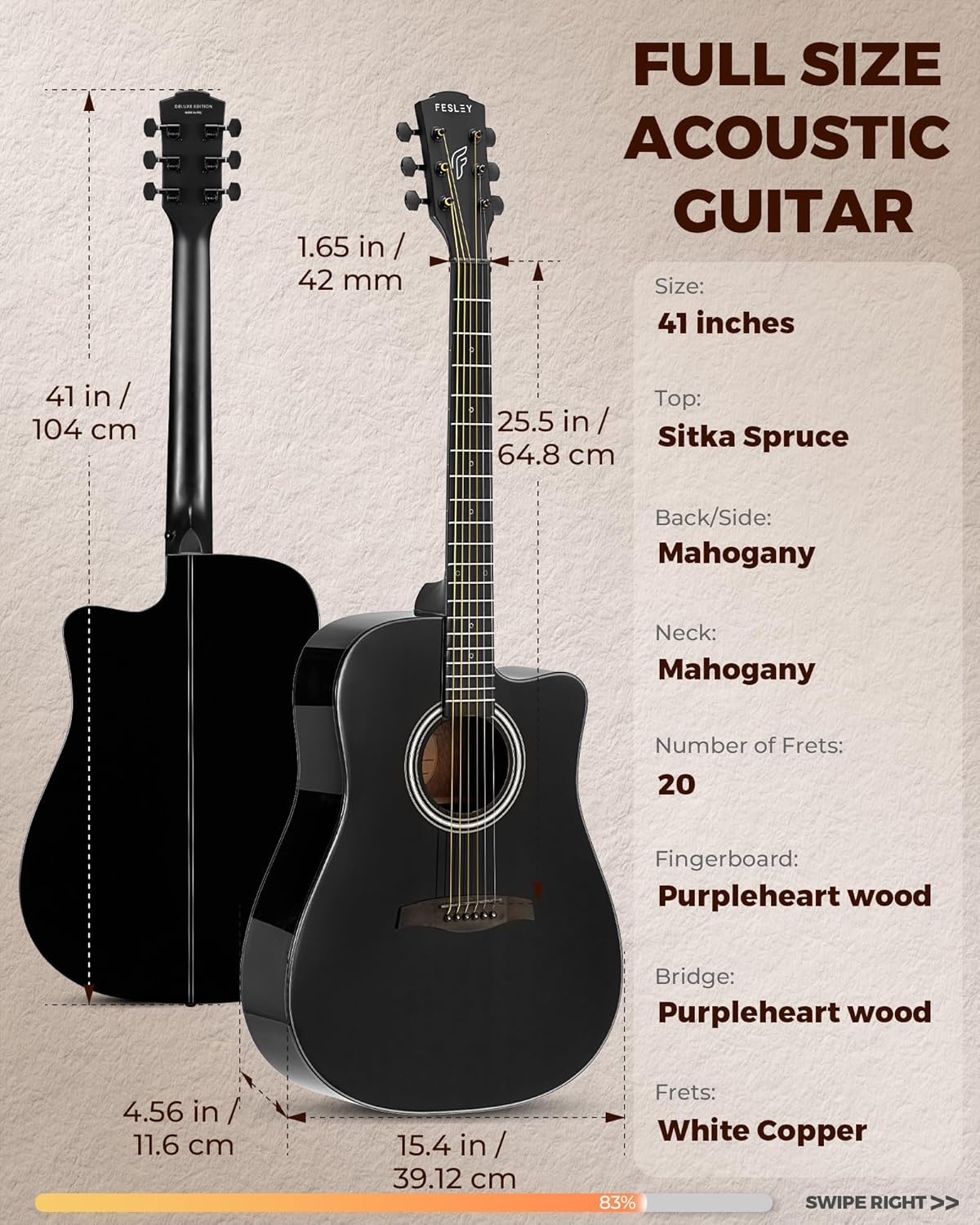 Acoustic Guitar Kit, 41 Inch Full Size 6 String Cutaway Guitarra Acústica for Beginner Adults with Tuner, Gig Bag, Strap, Steel Strings, Capo, Pickguard, Picks, FD60C, Black