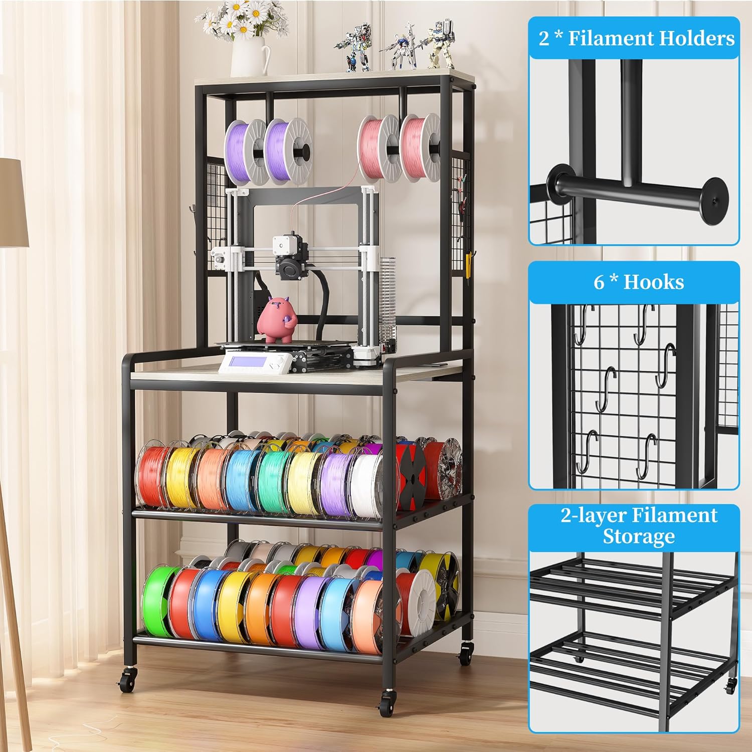 3D Printer Stand with Filament Storage, Heavy Duty 3D Printer Table with Charging Station, Rolling Printer Cart Filament Storage Rack for PLA, ABS, PETG for Workshop/Office/Garage (Gray)