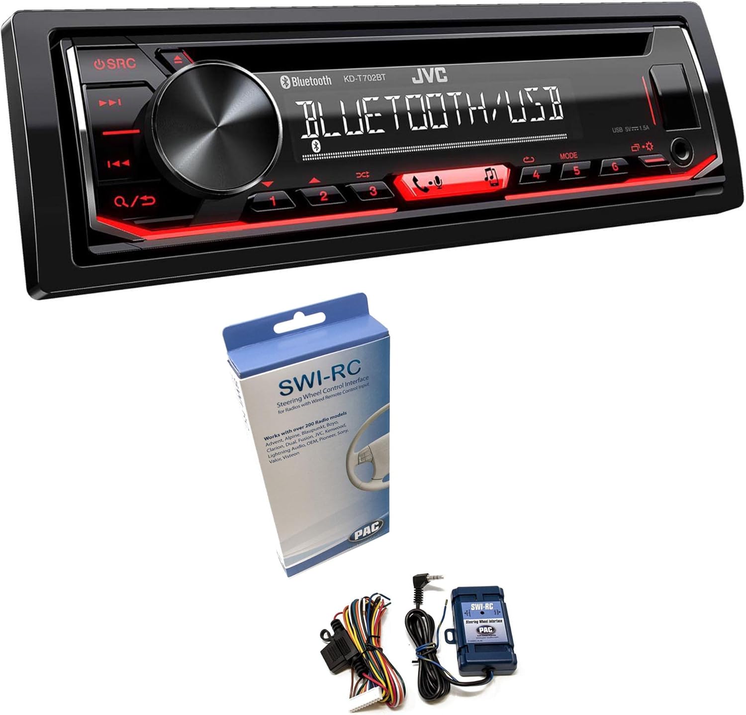 JVC KD-T720BT 1-DIN CD Receiver with Bluetooth Wireless Technology and USB/AUX Input with PAC SWI-RC Steering Wheel Interface