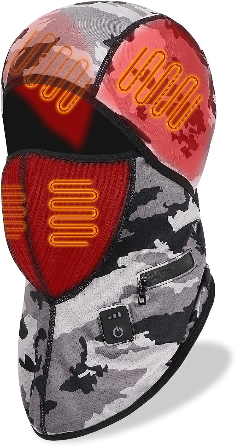 Heated Electric Balaclava with Battery for Women Men, Ski Mask with Timer, Heated Face Mask Hat for Winter Motorcycle HikingRiding Fishing Camouflage