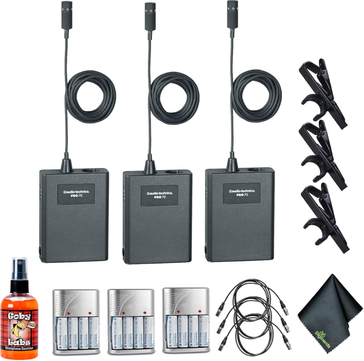 Audio-Technica Pro 70 Cardioid Lavalier Microphone (Pack of 3) + Goby Labs Microphone Cleaner + Pack of 3 10 Ft XLR Cable + Pack of 3 4xAA Batteries with Charger + More