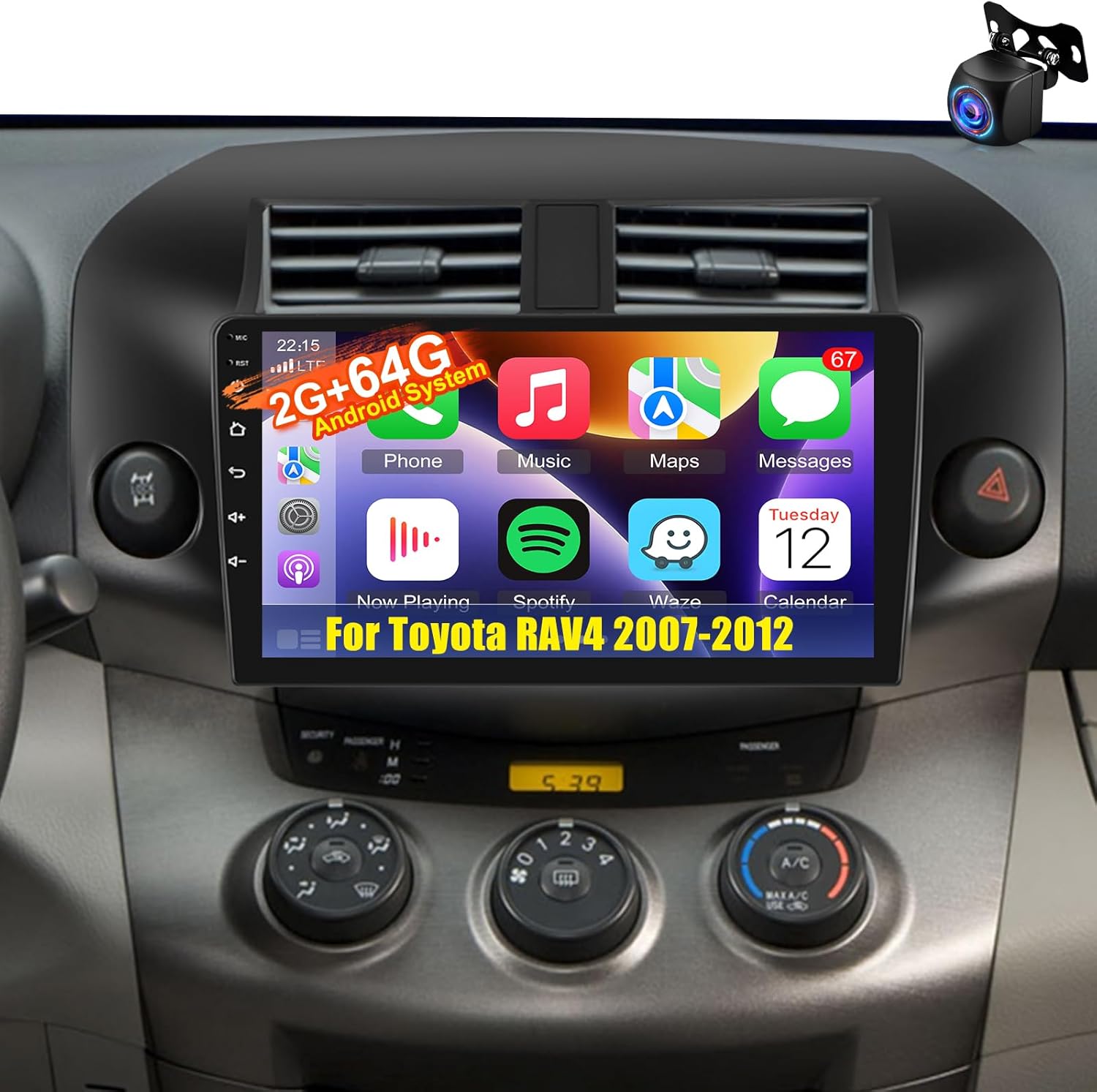 [2GB+64GB] Car Radio for Toyota RAV4 2007-2012 with Carplay&Android Auto, Volxcereo 10.1 inches Android Touch Screen RAV4 Car Stereo, 1080P/EQ Audio/Bluetooth/FM RDS/SWC