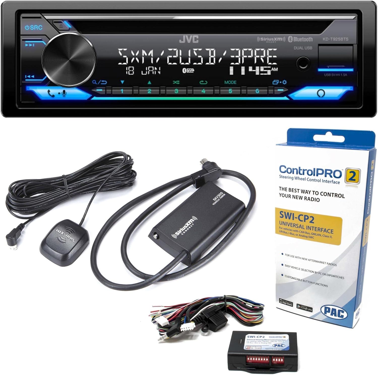 JVC KD-T925BTS CD Receiver Featuring Bluetooth®, Front & Rear Dual USB, Sirius XM, Amazon Alexa, 13-Band EQ, with SXV300v1 Satellite Radio Tuner and PAC SWI-CP2 Steering Wheel Interface