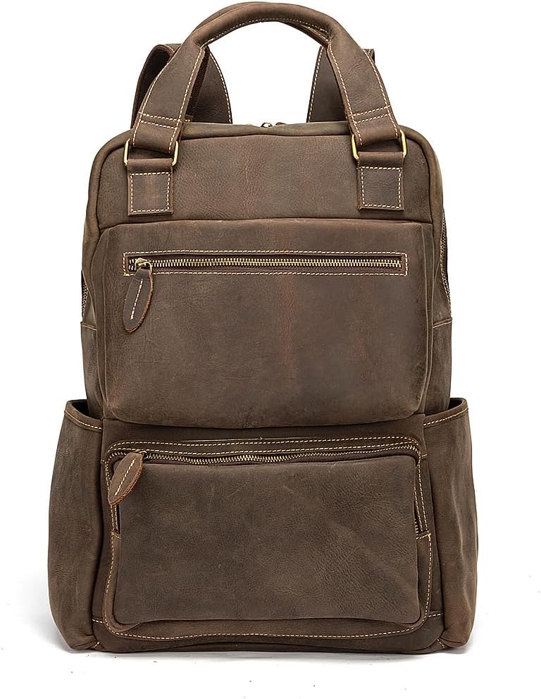 Mens Vintage Genuine Leather Backpack Laptop Computer Bag Business Travel Rucksack Casual Backpack Gifts for Men (Dark Brown)