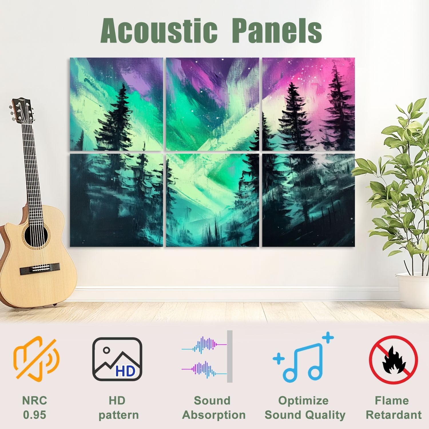 6 Pack Art Acoustic Panels Sound Absorbing Green Purple Trees Lights Starry Scenery Silhouette Colorful Abstract Decorative Soundproof Wall Panels Self Adhesive for Recording Studios Office 72