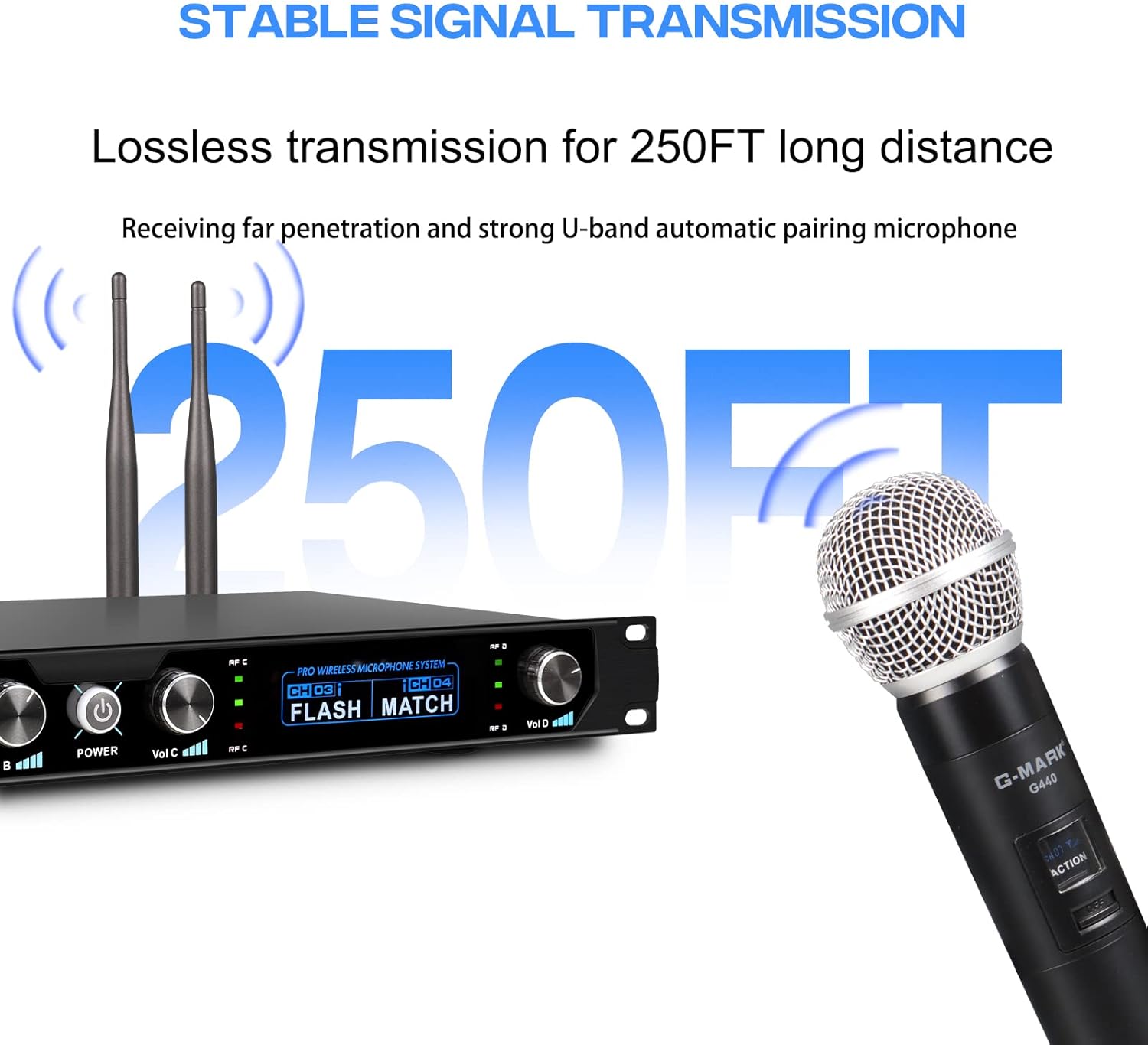 G-MARK Wireless Microphone System, 4 Channel Wireless Microphones with Rechargeable Handheld Mics, 250FT Range, UHF Metal Cordless Dynamic Microphone Sets for Singing, Karaoke, Church(Auto Connect)