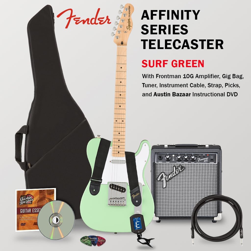 Fender Affinity Series Telecaster - Surf Green Bundle with Frontman 10G Amplifier, Gig Bag, Tuner, Instrument Cable, Strap, Picks, and Austin Bazaar Instructional DVD
