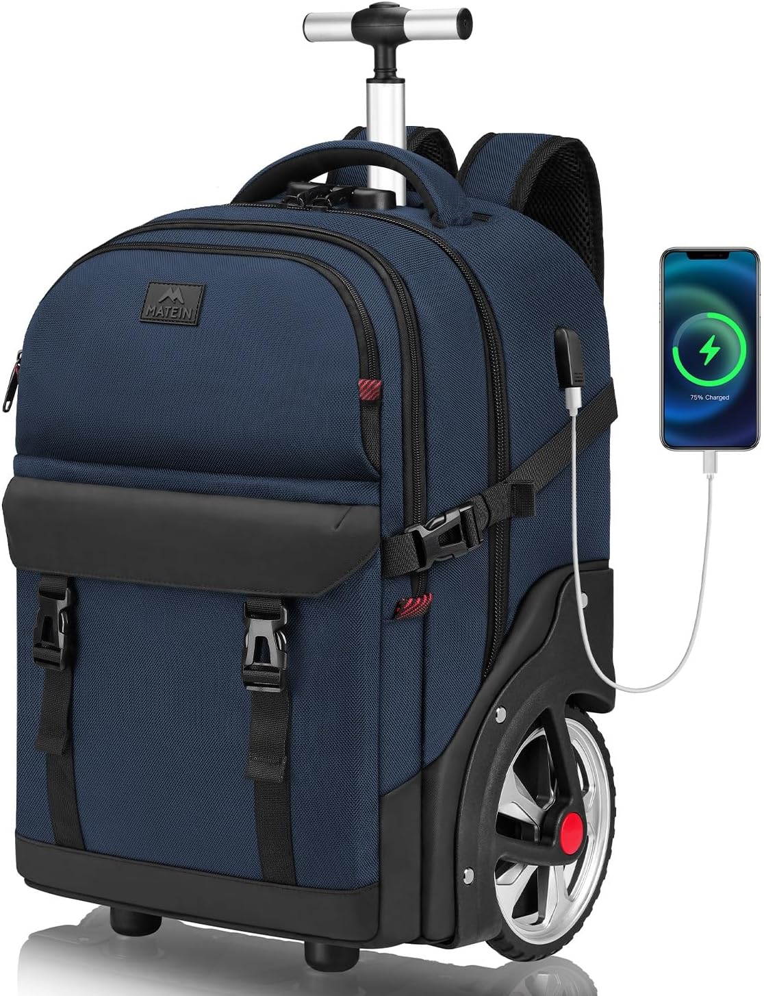 MATEIN Rolling Backpack with Wheels, 17 Inch Large Roller Backpack with Combination Lock, Water Resistant Anti Theft Travel Wheeled Backpacks Laptop Back Pack for Men Women Work Business Commute, Blue