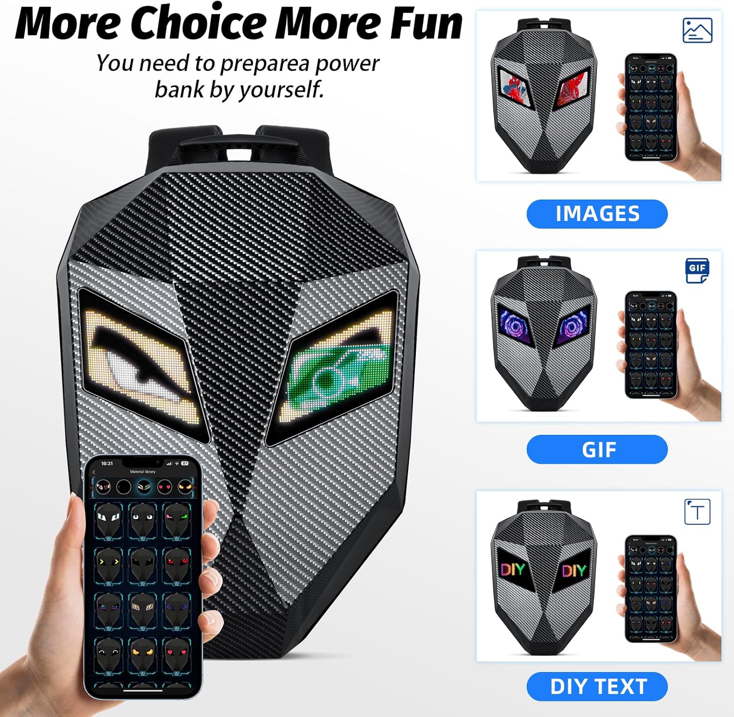 19inch LED Motorcyle Knight Backpack for Men,Hard Case Riding Backpack Motorbike Laptop Bag Waterproof, DIY Programmable Full Color Display & Eyes