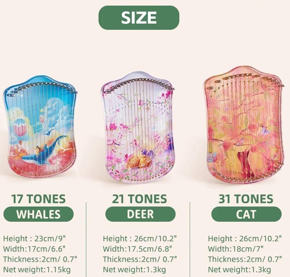 Mini Lyre Harp with Whale Pattern, Fingerpicking String Instrument, Metal Strings Acrylic Thumb Piano with Tuning Wrench(Color:Black,Clear,Copper)