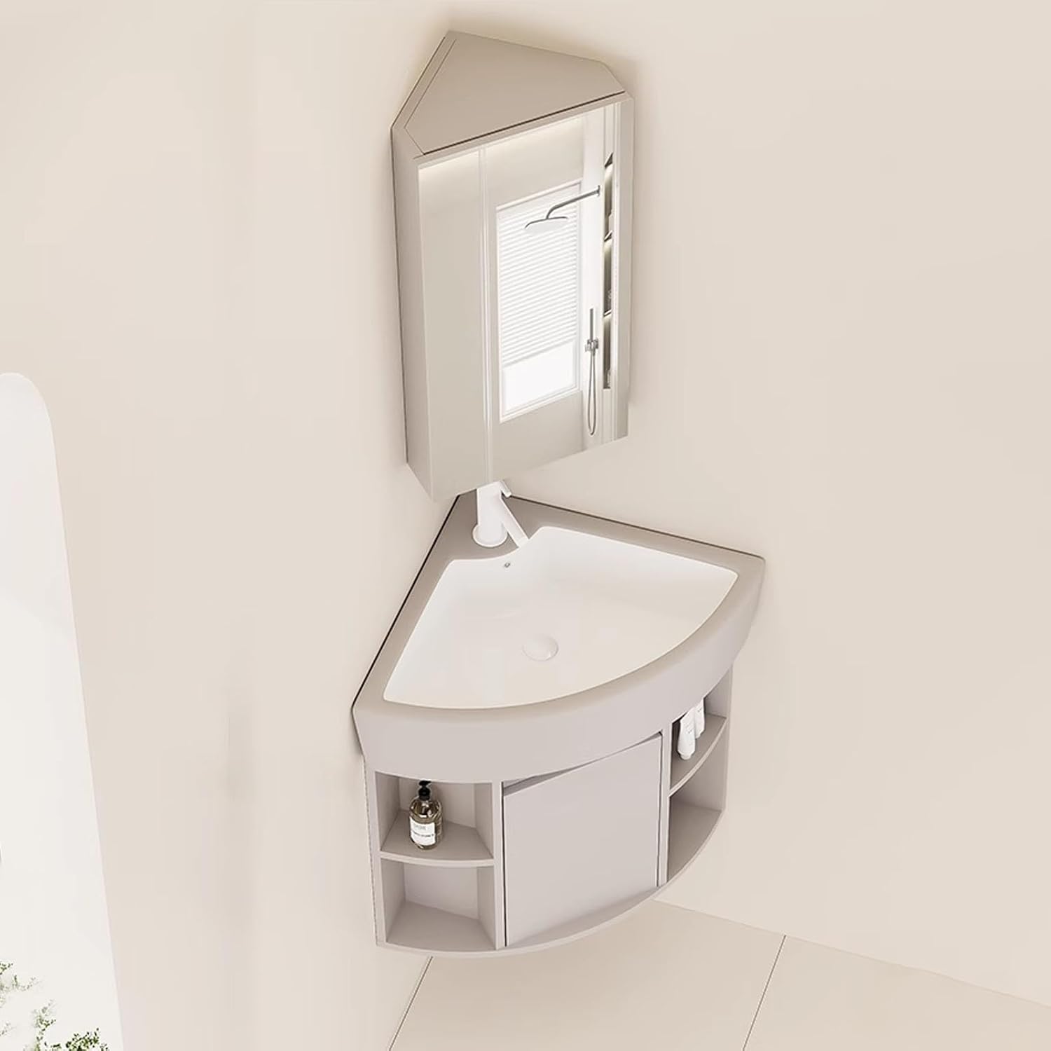 Wall Mount Corner Bathroom Sink,Corner Balcony Sink With Storage,Container Triangle Ceramic Wall Mount Sink with Storage Space, Corner Vanity for Small Space(19in/48cm)