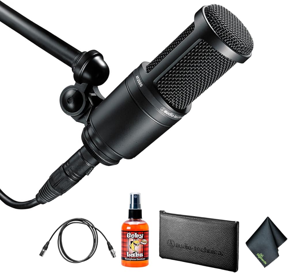Audio-Technica AT2020 Cardioid Condenser Microphone (Black) + Microfiber Cleaning Cloth + Goby Labs Microphone Cleaner + 10 Ft XLR Cable
