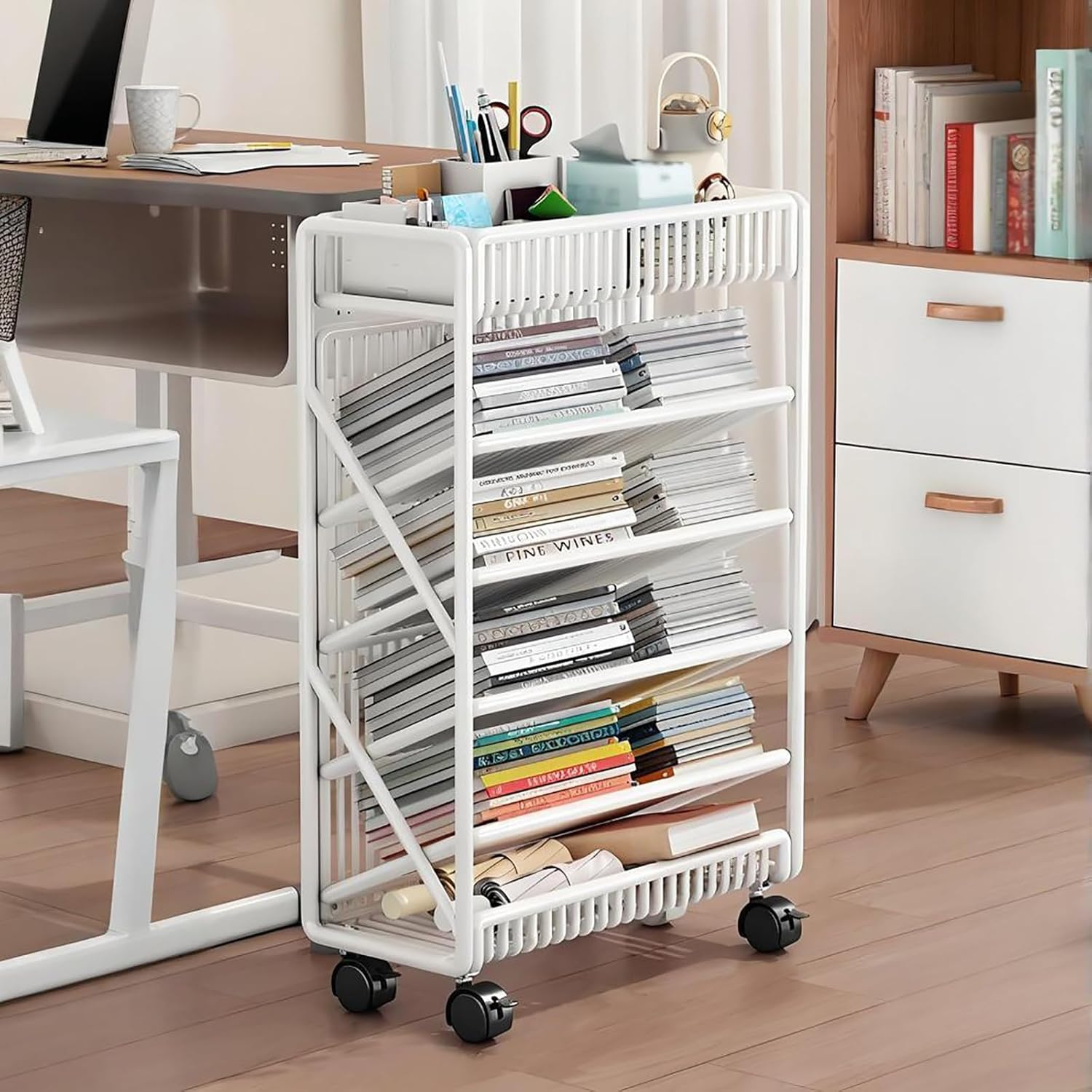 Metal Vertical Bookshelf with Wheels, Bookcase with Storage Organizer, Corner Bookcase Floor Standing Book Shelf for Living Room, Bedroom & Home Office(White)