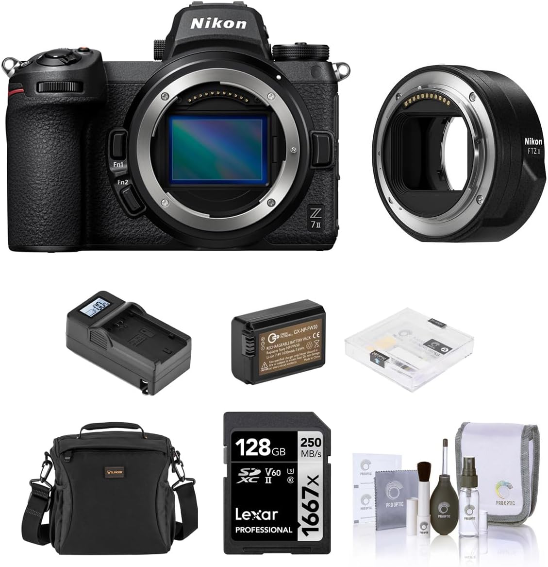 Nikon Z 7II Mirrorless Camera, Bundle with FTZ II Mount Adapter, 128GB SD Memory Card, Shoulder Bag, Extra Battery, Charger, Screen Protector, Cleaning Kit