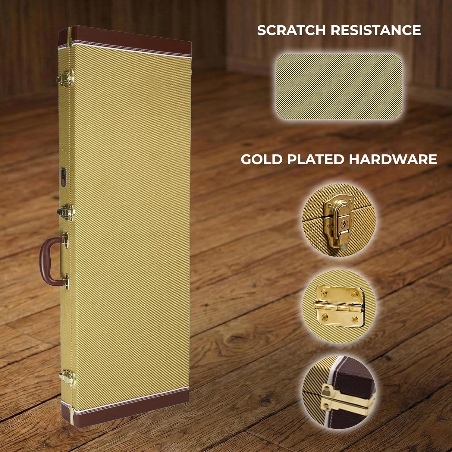 Gearlux Electric Guitar Hard Case for Fender Stratocaster/Telecaster and Standard-Size Guitars with Exterior Lock and Key, Interior Accessory Compartment, and Plush Interior Padding - Tweed