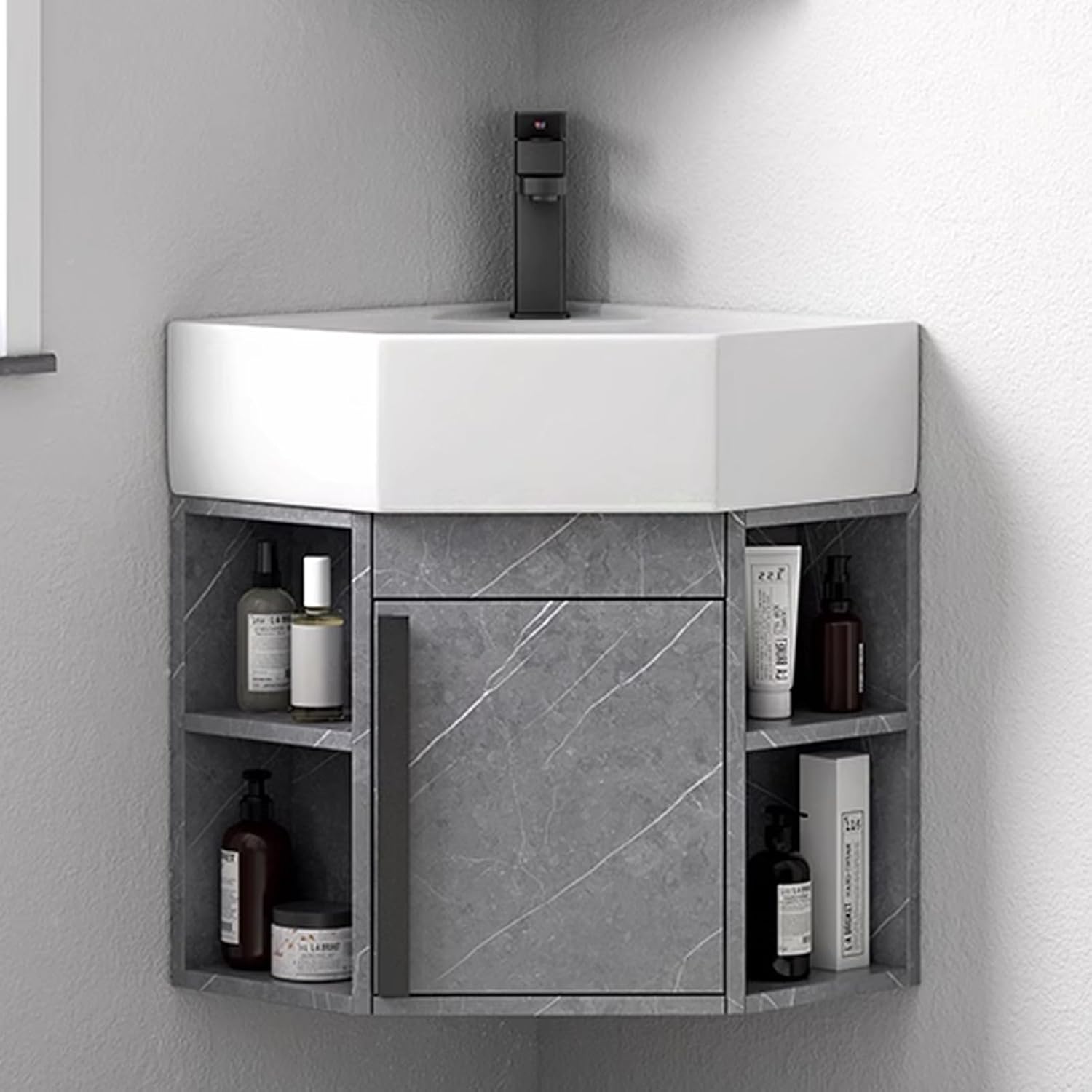 Corner Bathroom Sink Vanity, Ceramic Corner Wall Mount Bathroom Sink, Floating Wash Basin with Storage Container, Corner Vanity wash Basin Sinks(16inchx40cm)