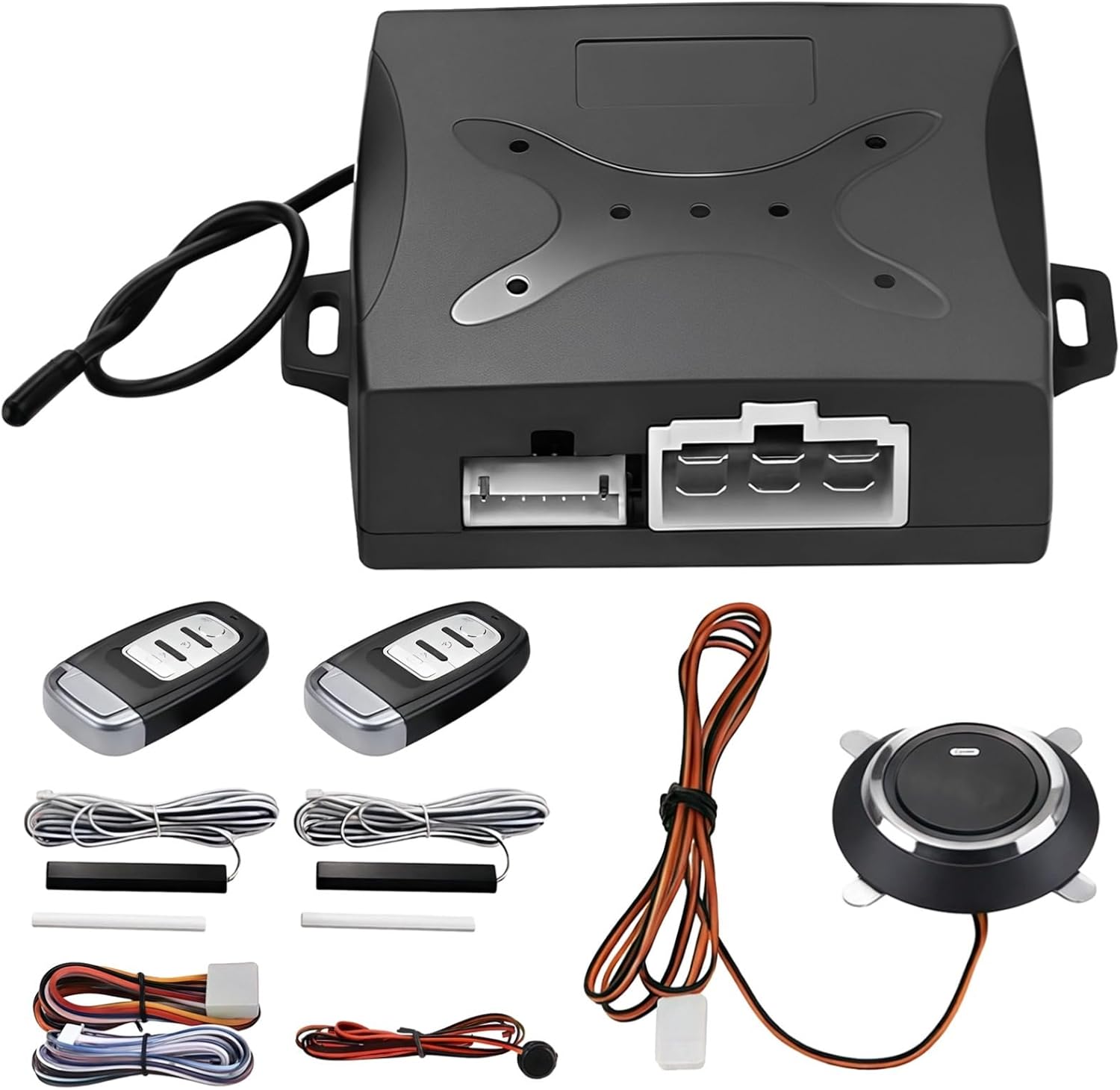 Universal Car Alarm System with Keyless Remote Start, Push Start Ignition Kit, 12V Vehicle Plastic Alarm, Easy Install, Complete Security Features, 6.9 X 5.7 X 2.8 in