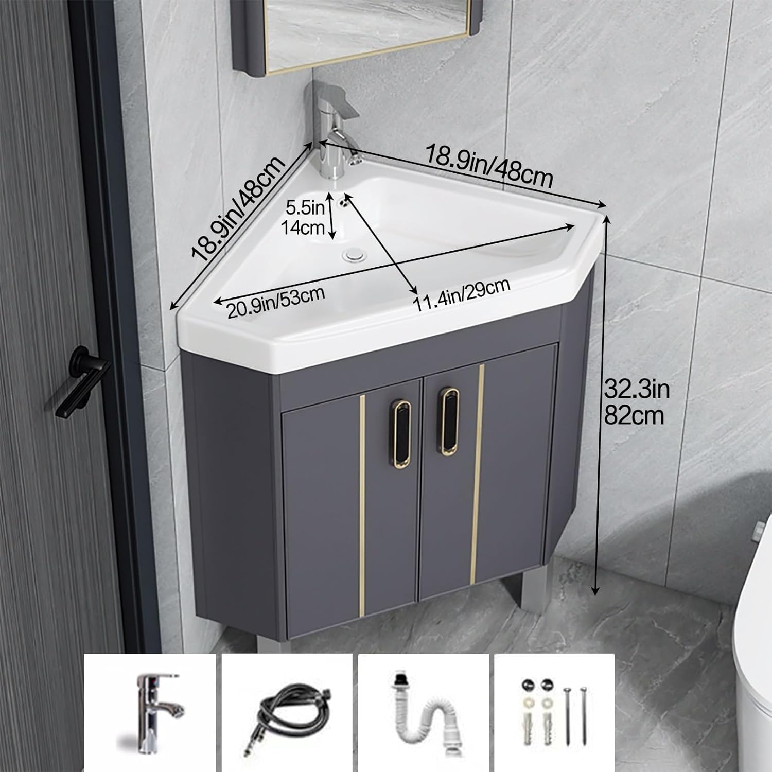 Corner Bathroom Vanity with Sink - Floor Standing, Wall Mount, Ceramic, Storage Container