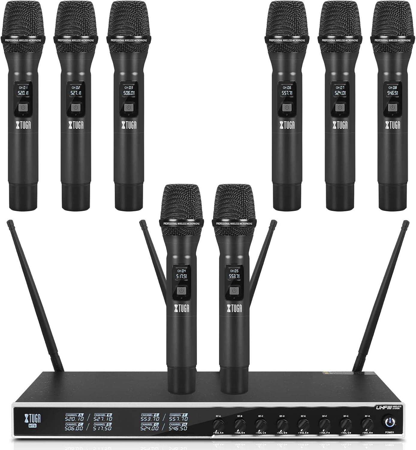 XTUGA Wireless Microphone System,8 Channel Cordless Mic with Handheld Metal Wireless Mic Set, 230ft Range,Dynamic Mics for Singing, Karaoke,Church,Wedding,DJ,Fixed Frequencies (MT8)