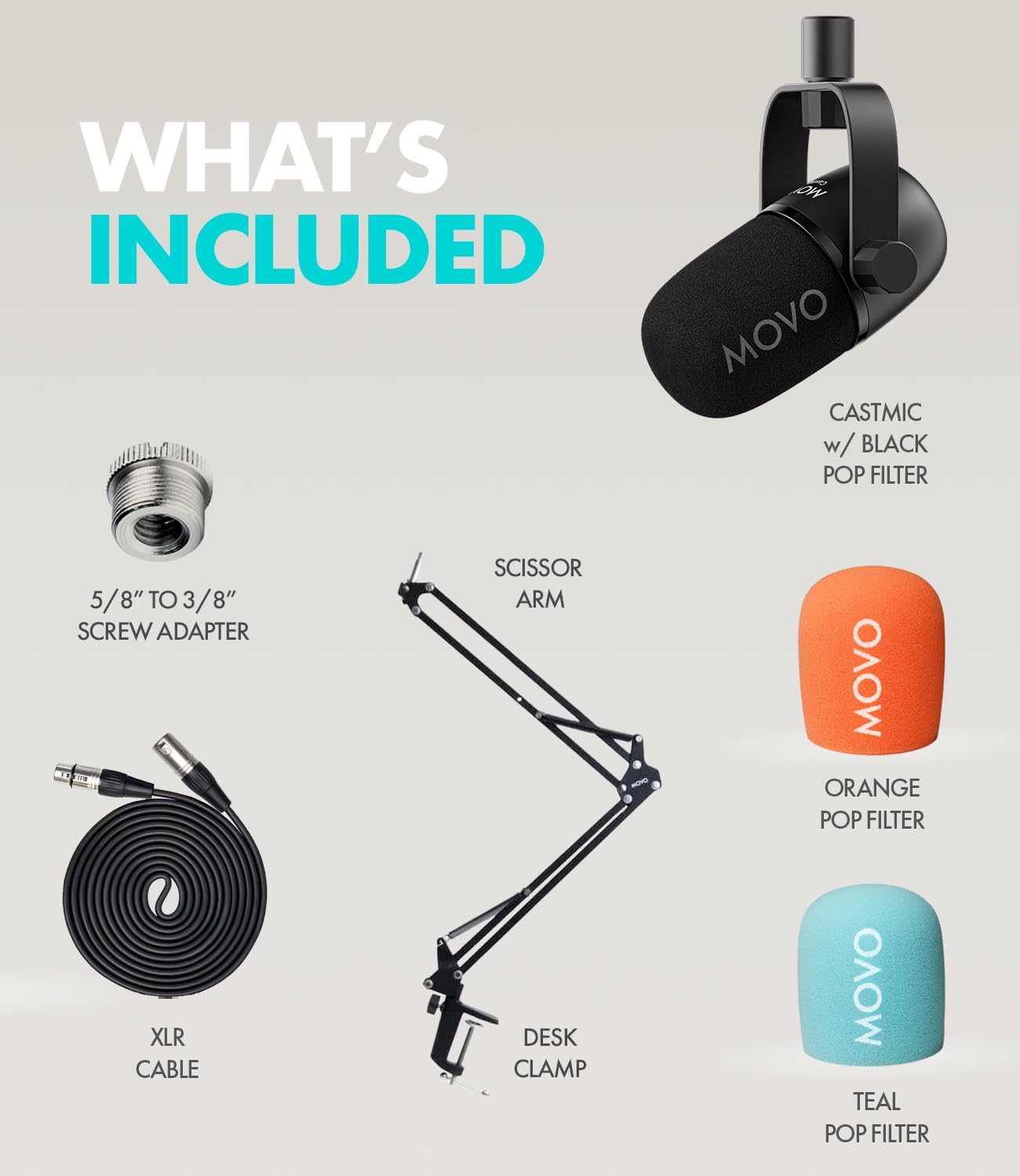 Movo Podcast Microphone Kit with CastMic Dynamic XLR Microphone with Boom Arm for Recording Vocals, PC, Gaming, Streaming, YouTube, and Musicians - Studio Cardioid Podcast Mic for Content Creators