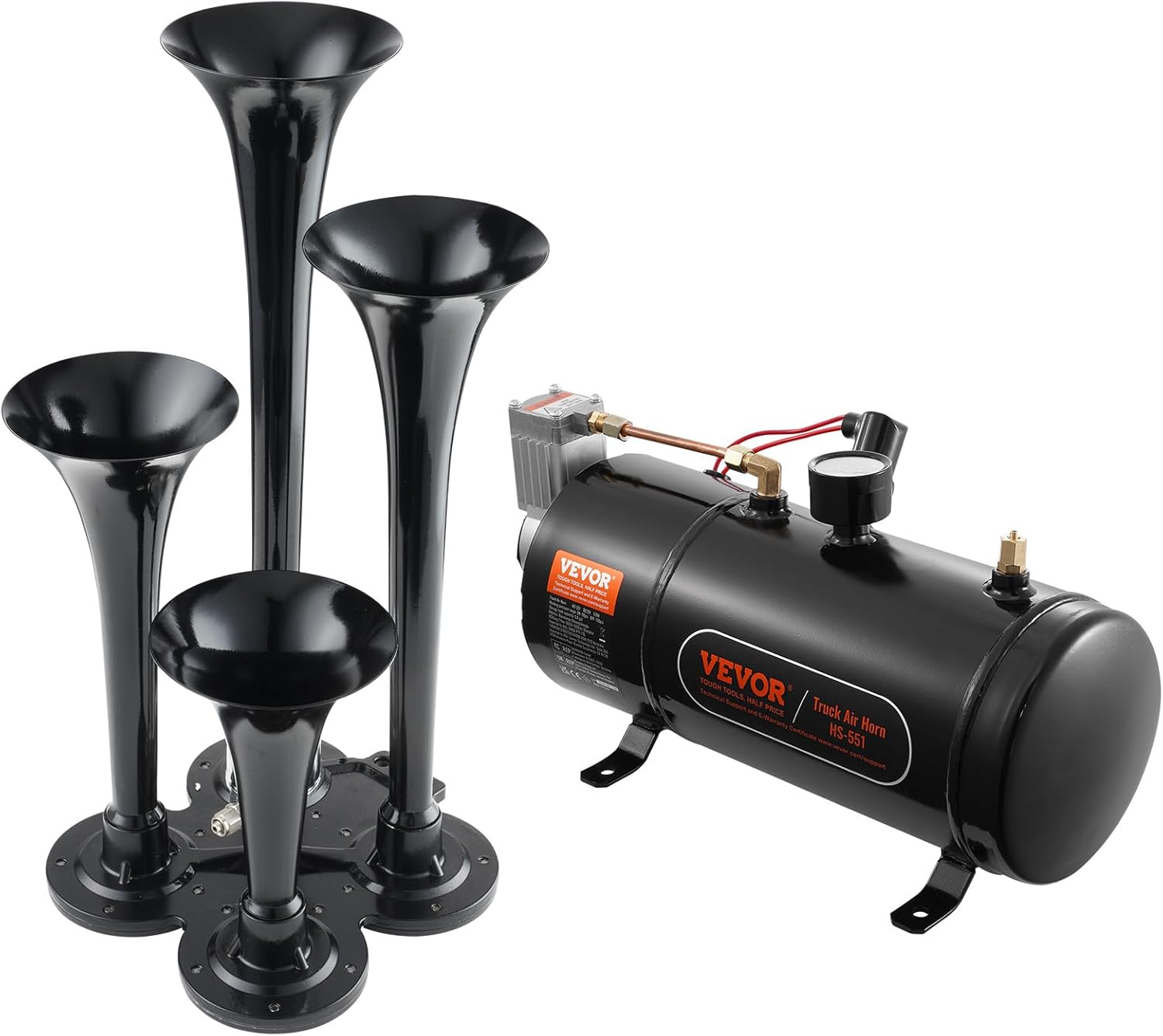 VEVOR 4 Trumpet Air Horn Kit, 150dB Train Horns for Pickup Trucks, 12V 120 psi Air Compressor 0.8 Gal/3 L Tank with Gauge for Any 12V Vehicle Car Truck Train Van Boat