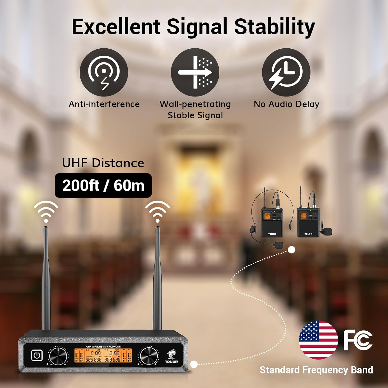 TONOR UHF Wireless Microphones System with Headset/Lavalier Lapel Mics, Bodypack Transmitter, Receiver, 2*15 Channels, 200ft Range for Live Singing Karaoke Church Party DJ PA Speaker Mixer Recording
