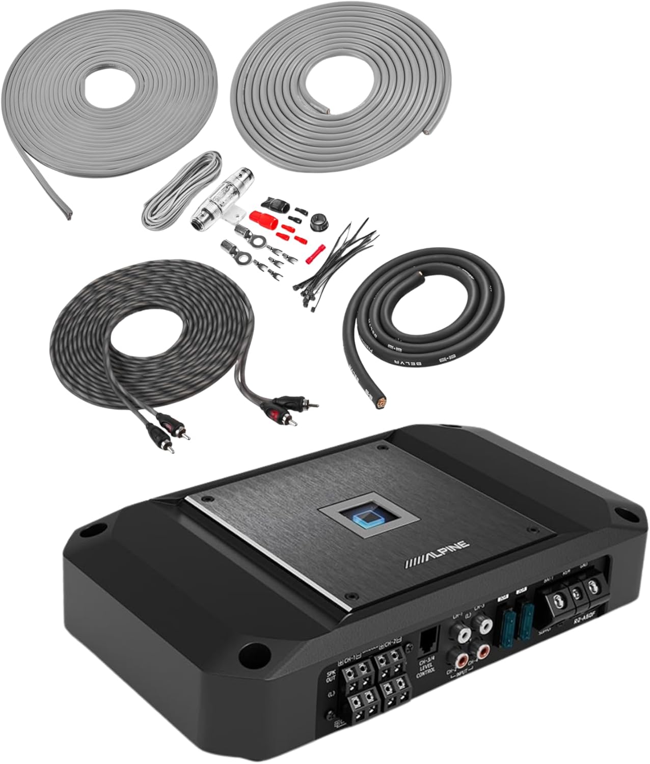 Alpine R2-A60F 600W RMS 4-Channel Class D Amplifier + Belva BAK42BK 4 Gauge Amp Wiring Kit – Hi-Res Certified Car Audio Amp with Complete CCA Install Kit for Systems Up to 1200W RMS