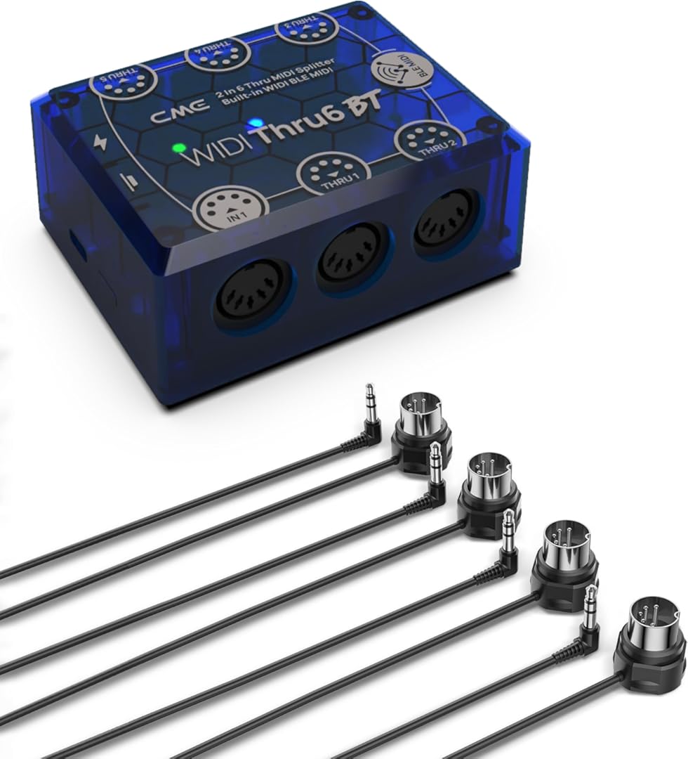 CME WIDI Thru6 BT + 4-Pack 3-FT TRS MIDI Cables - 2-in-6-out MIDI Thru/Split with 5-pin DIN and Bluetooth MIDI + 4-Pack TRS 3.5 Type A Low-Profile MIDI cables