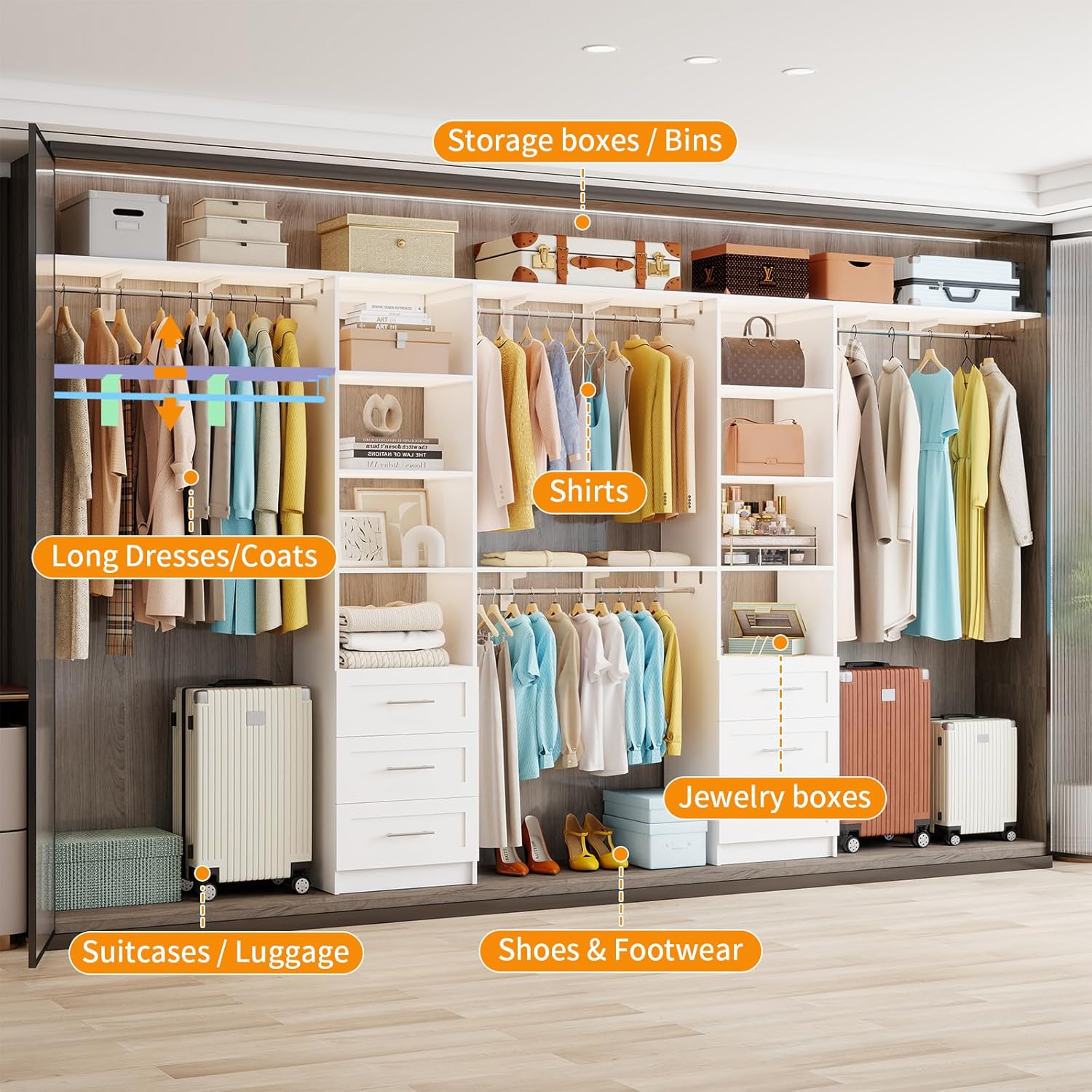 Closet System with Drawers, 8FT-12FT Closet Organizer System 96