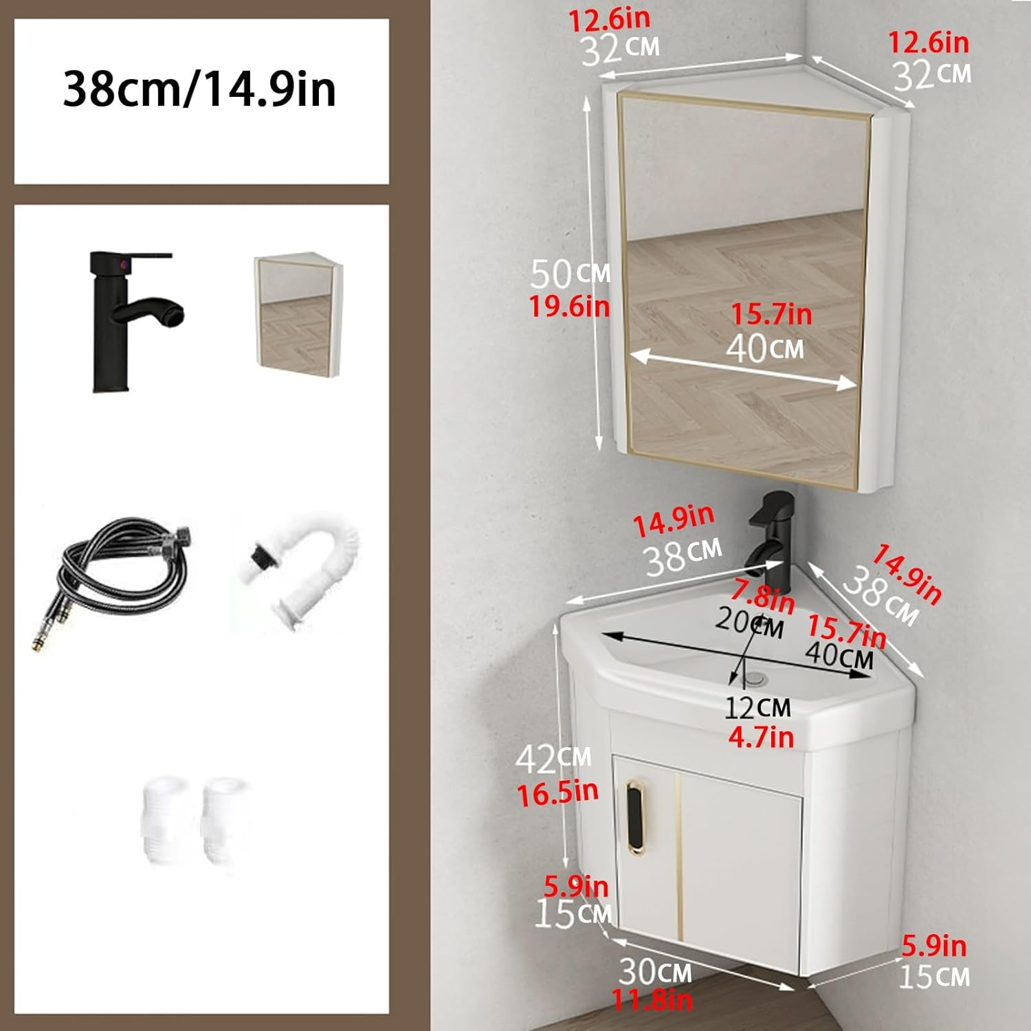 Corner Bathroom Vanity Sink, Corner Wall Mount Bathroom Sink, Ceramic Bathroom Vanity Cabinet with Storage Container and Mirror Cabinet, Bathroom Storage Cabinet, for Kitchen Home(38cm/14.9in)