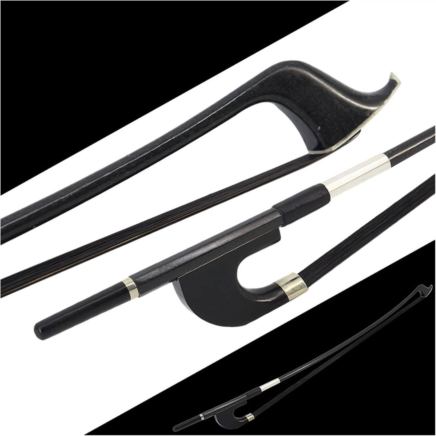 TSTS Carbon Fiber German-Style Double Bass Bow 4/4 Black Horsehair Ebony Frog W/Colored Shell Full Size Violin Bow