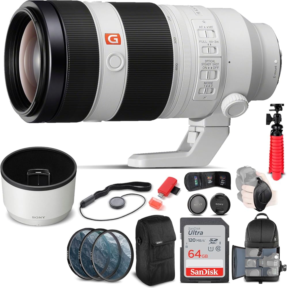 Sony FE 100-400mm f/4.5-5.6 GM OSS Lens (SEL100400GM) + Filter Kit + Back Pack + 64GB Card + Card Reader + Flex Tripod + Memory Wallet + Lens Cap Keeper + Cleaning Kit + Hand Strap + More (Renewed)