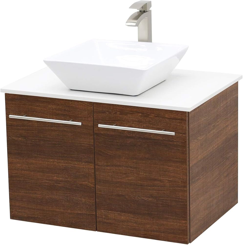 Wall Mount Floating Bathroom Vanity Sink Set. Rustic Brown Vanity, White Flat Stone Countertop Ceramic Sink - 36