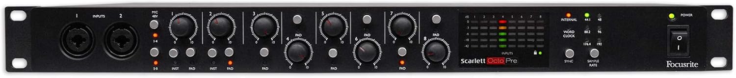 Audiosavings Bundle:(1) Focusrite Scarlett OctoPre 8-Channel Microphone Mic Preamp Bundle with (1) Rockville RMIC-SR Handheld DJ Vocal Recording Wired Microphone+Cables+Mic Case (2 Items)