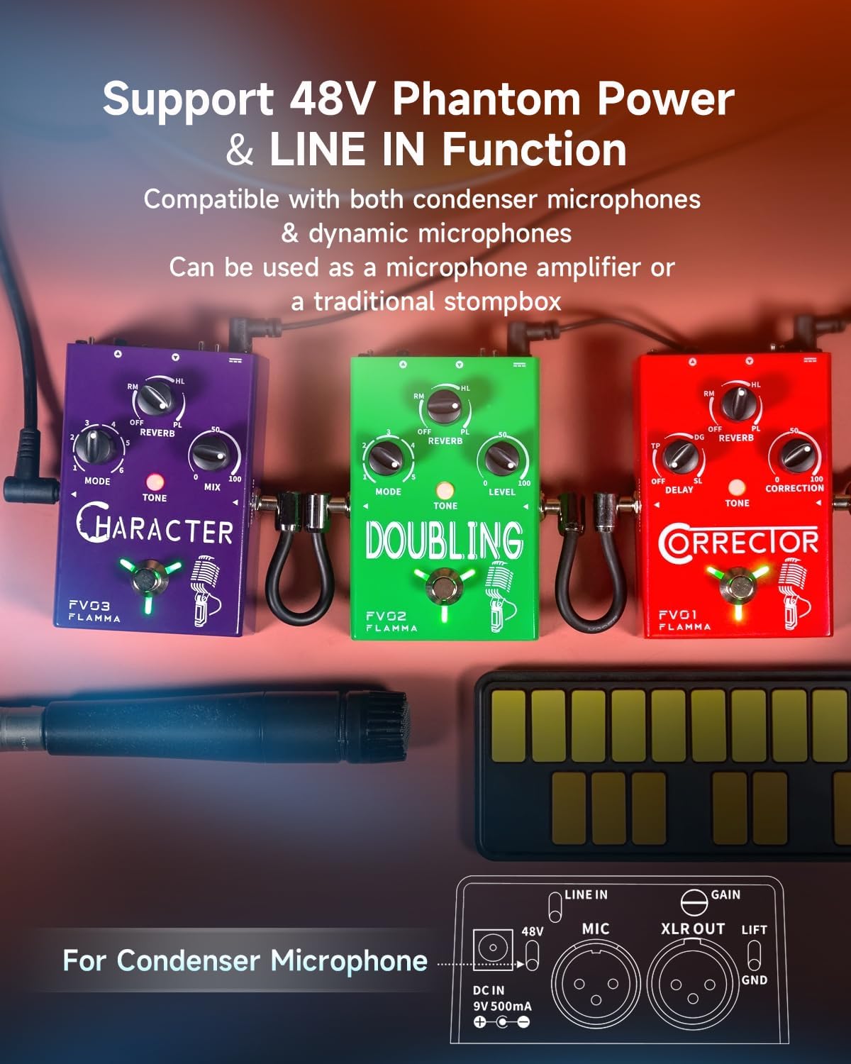 FLAMMA FV01 Vocal Effects Processor Pitch Correction Voice Pedal Vocal Stompbox Microphone Amplifier for Singer Live Singing Streaming Recording with Delay Reverb Acoustic Guitar Playing