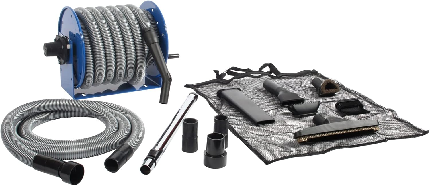 Industrial Steel Reel with 30 Ft. Hose and Garage Attachment Kit for Wet/Dry Vacuums