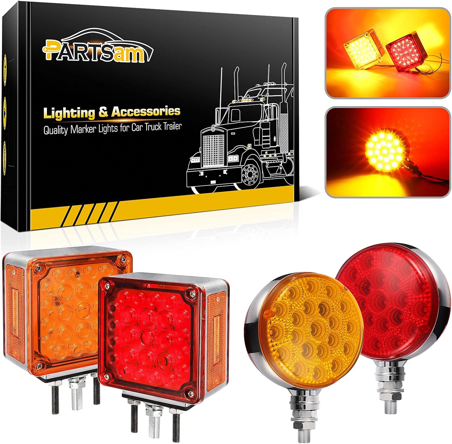 PARTSam Truck Pedestal Lights Kit, 2Pcs Round Double Face Led Turn Signal Lights 42LED+2Pcs Square Double Face Led Lights Amber/Red 52LED