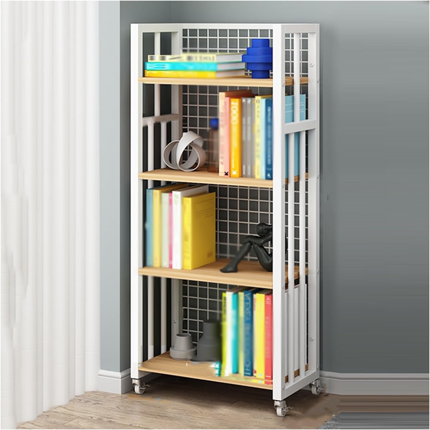 4 Cube Bookshelf, Home Multi-Layer Side Table with Wheels,for Living Room, Study Room, Reading Corner (44.5 X 22 X 120cm)(Black+Black) (White+Light Walnut One Size)