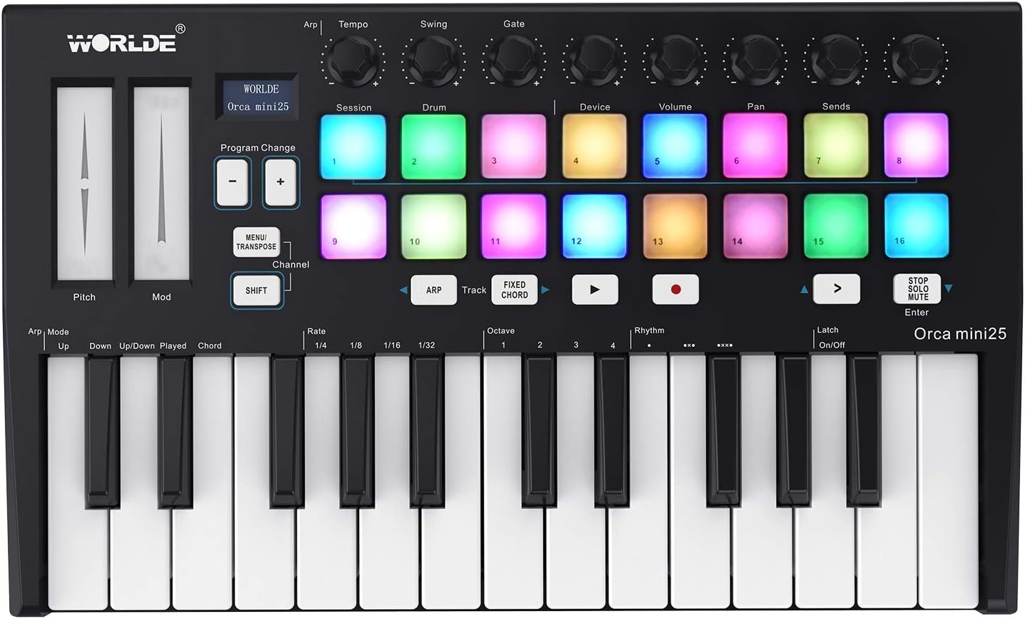 LANRU Orca mini25 Portable 25-Key USB MIDI Keyboard Controller with 16 RGB Backlit Trigger Pads 8 Assignable Control Knobs