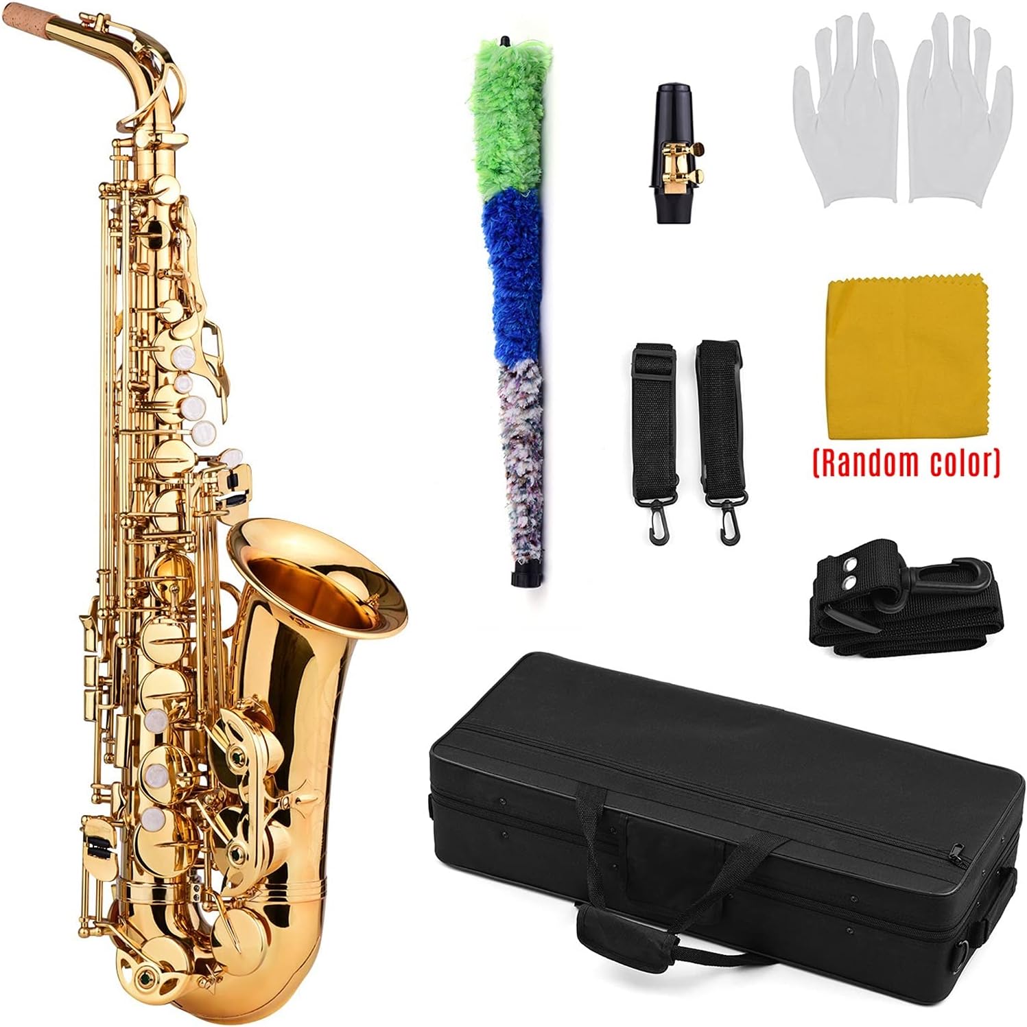 Sax Beginners Kit E Flat Alto Saxophone EB Key Brass Gold Lacquer with Hard Case Cleaning Brush Cloth Gloves Straps Saxophone Lanyard Wind Instrument