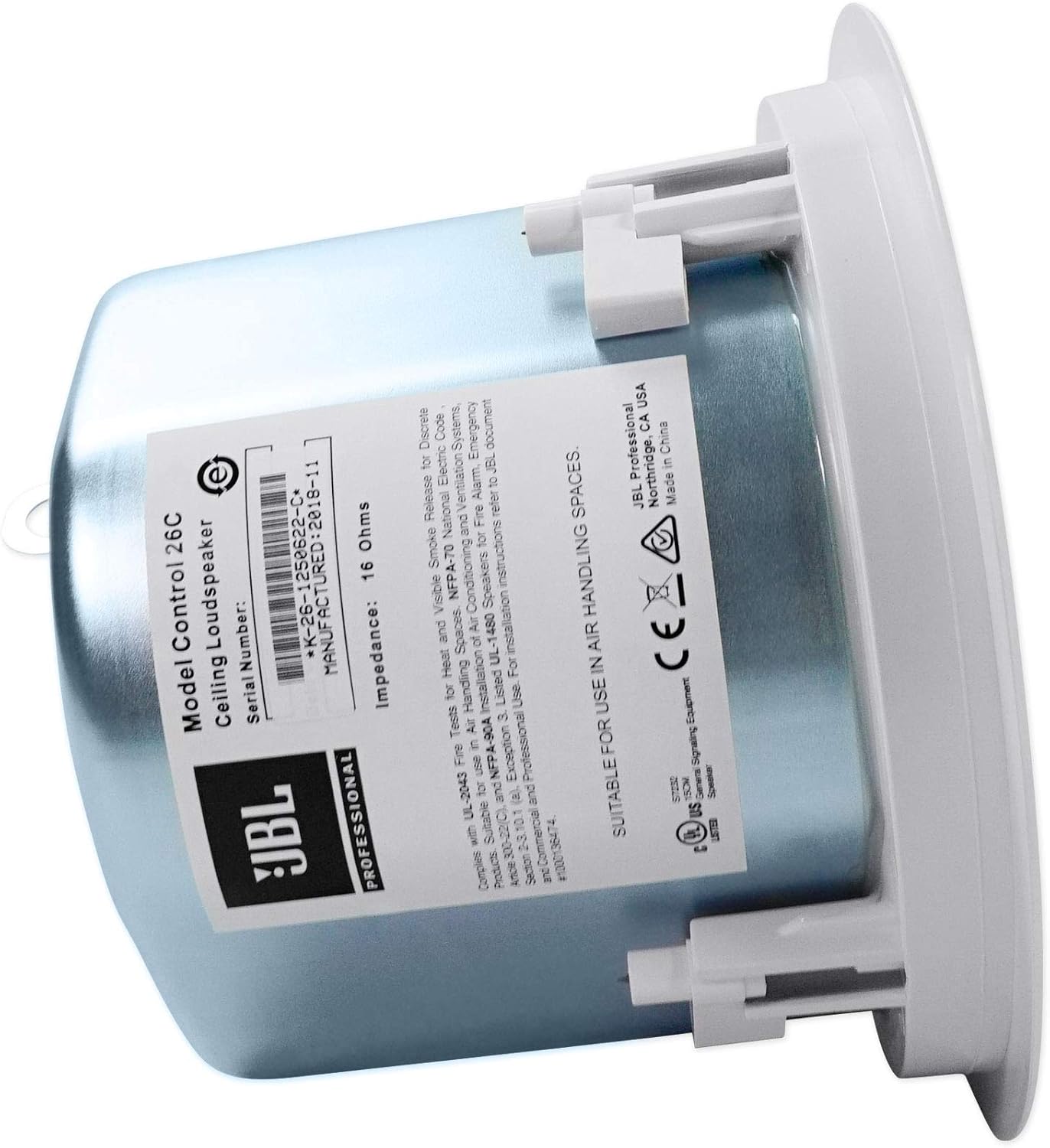 JBL Professional Control 26C 2-Way, 6.5” Round In-Ceiling Speaker with Metal Back-Can. 16 Ohm, 150 Watt. Sold as Pair. White, Paintable Grille.