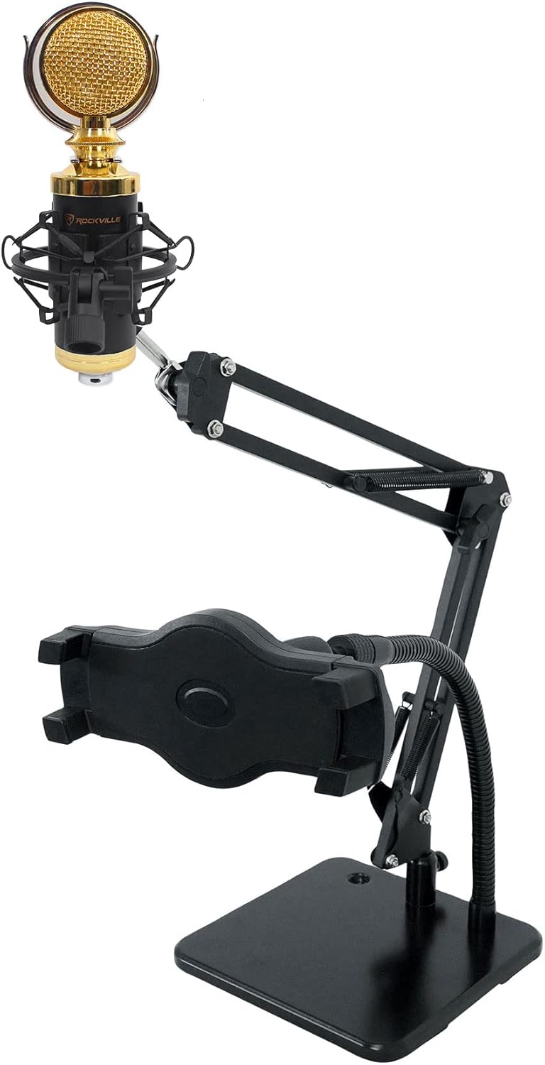 Rockville RCM02 Bundle: Studio Recording Condenser Microphone with Metal Shock Mount, iSTAND 85 Dual Desktop Boom Arm and Gooseneck Mic Stand, 2 Items