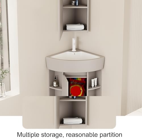 Triangle Wall Mount Corner Sink, 45cm Ceramic Vanity with Storage, Mirror & Faucet - Space-Saving Solution for Small Bathrooms & Kitchens